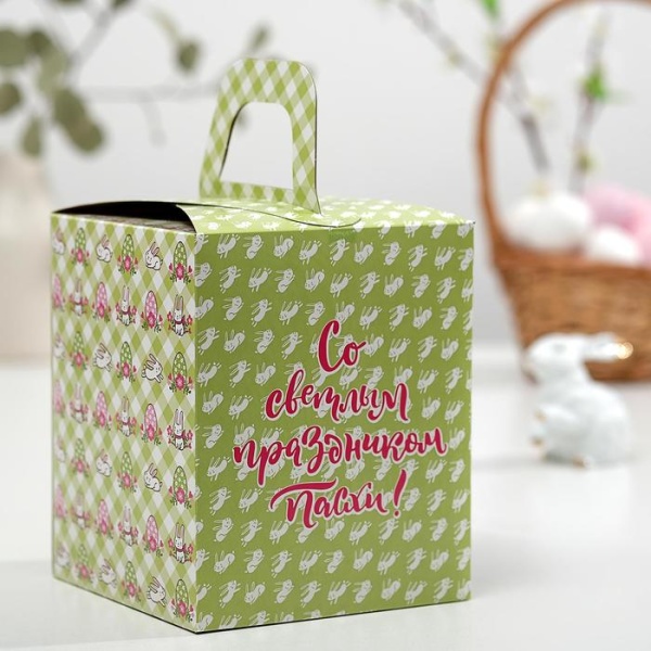 Коробка для кулича с окном "Со светлым праздником Пасхи" Кролики, 15 х 15 х 18 см