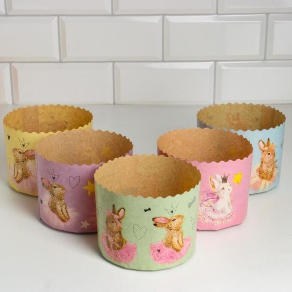 Форма бумажная для кулича на 100 гр Зайчики, d 70*60 мм
