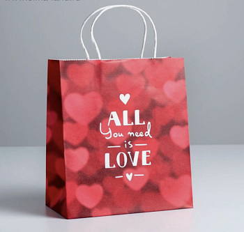 Пакет подарочный крафт «All you need is love», 22 × 25 × 12 см