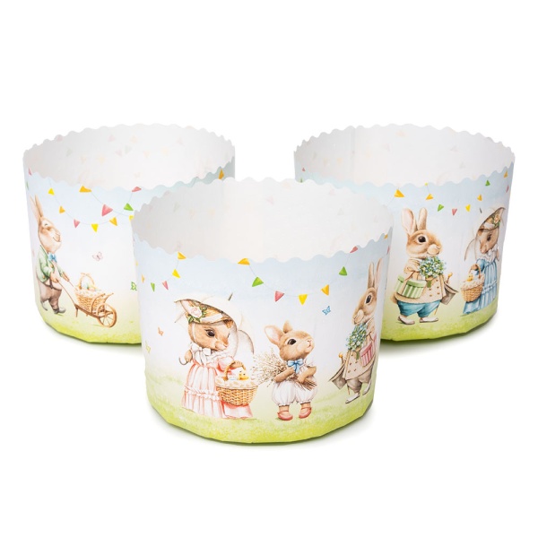 Форма бумажная для кулича на 150 гр Ретро зайцы, d70xh85 мм
