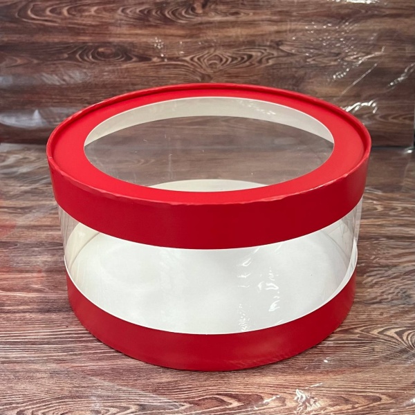 Коробка круглая с прозрачными стенками и окном 20*10 см, красная (АКВАШАЙБА)
