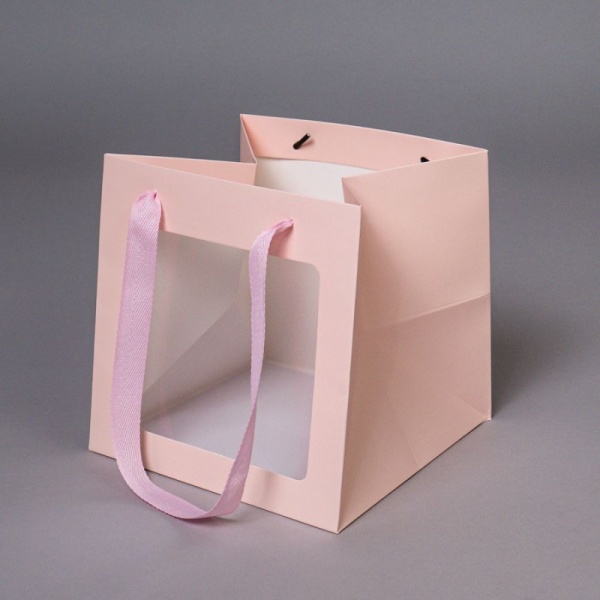 Пакет для торта с окном и квадратным дном 25х25х25 см, розовый