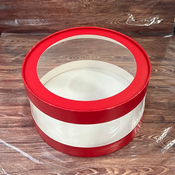 Коробка круглая с прозрачными стенками и окном 20*10 см, красная (АКВАШАЙБА)