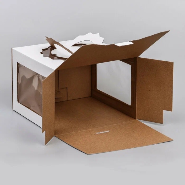 Коробка для торта с ручкой и окном 220*220*240 мм, сундук, гофрокартон, белая