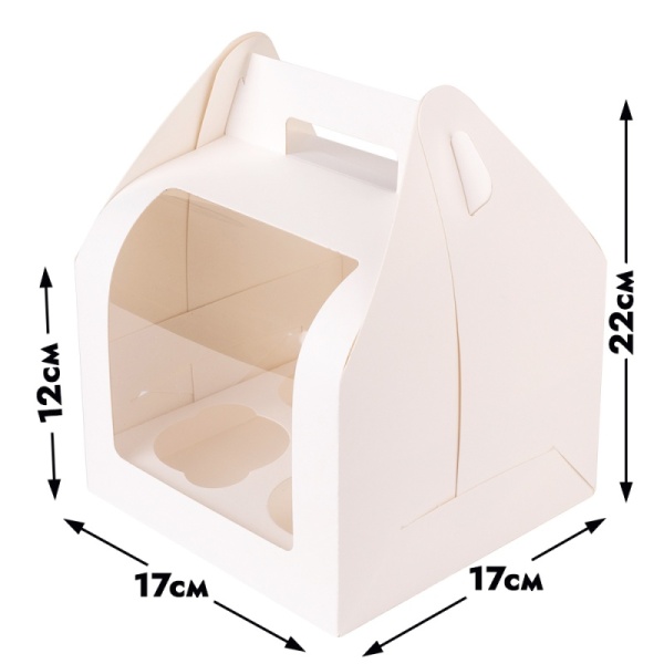 Коробка для 4 капкейков с окном и РУЧКОЙ, белая