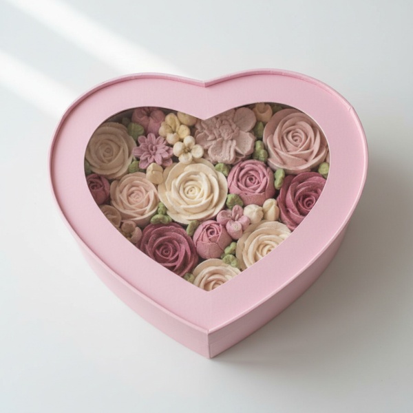 Коробка СЕРДЦЕ с окном 21,5*18*5,5 см, розовая матовая