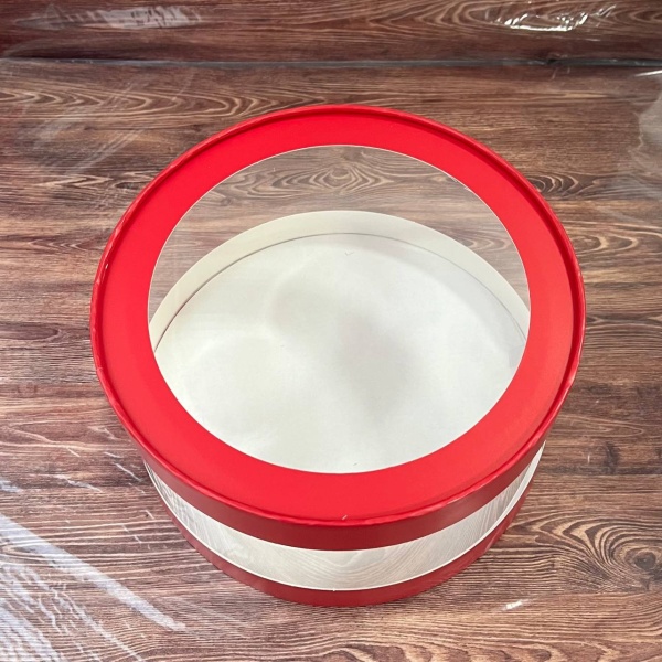 Коробка круглая с прозрачными стенками и окном 20*10 см, красная (АКВАШАЙБА)