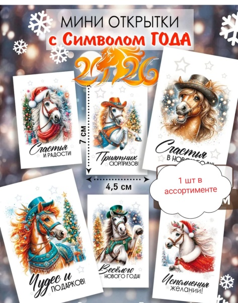 Открытка новогодняя  в ассортименте, 4,5*7 см, 1 шт